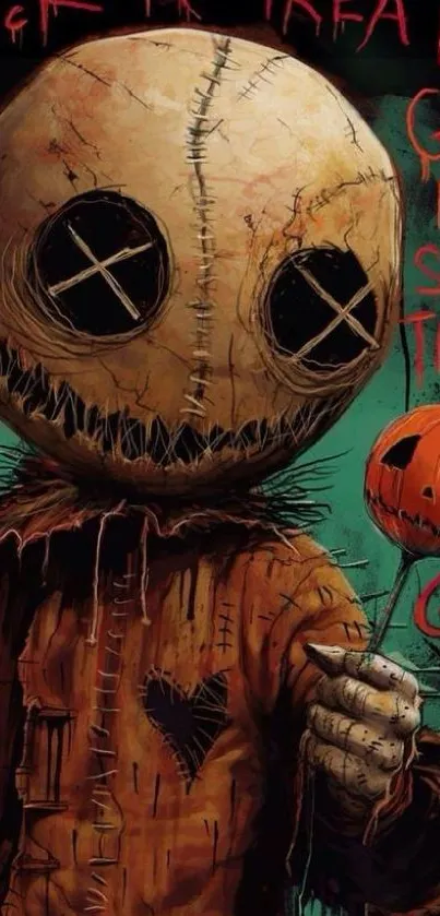 Creepy voodoo Halloween wallpaper with stitched doll.