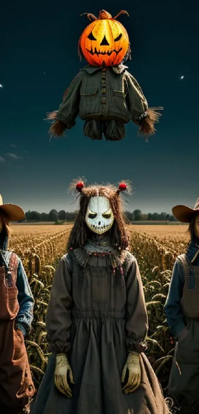 Spooky scene with pumpkin head and masked figures in a harvest field at night.