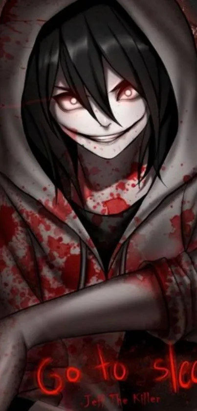 Hooded anime character with creepy smile and red accents.