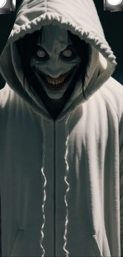 Creepy hooded figure with sinister smile.