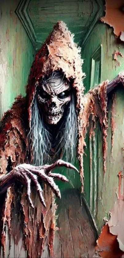 Terrifying hooded figure in horror scene wallpaper.