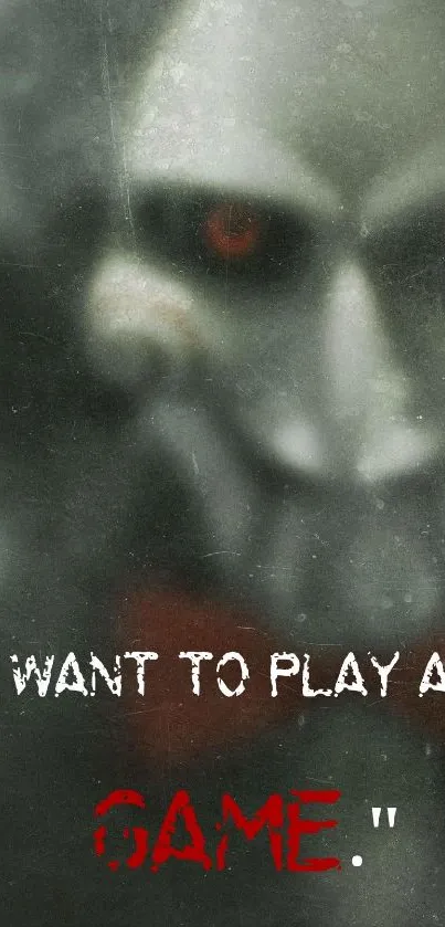 Creepy wallpaper with red-eyed figure and game quote.