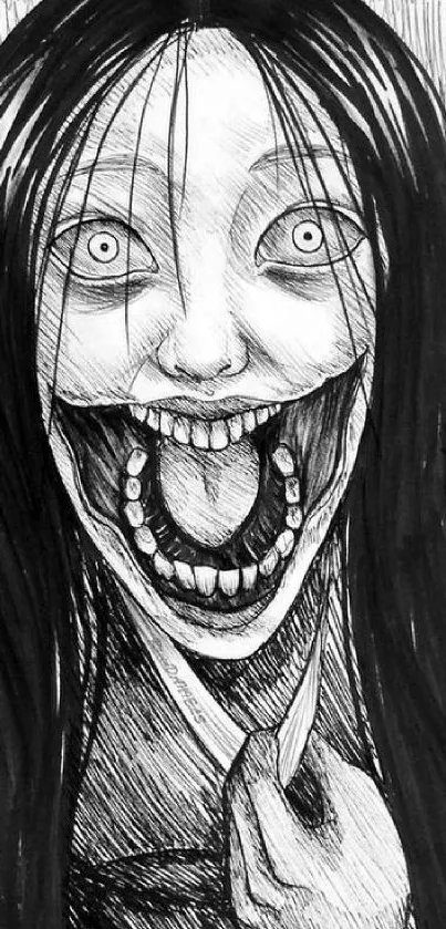 Creepy black-and-white illustration of a wide-eyed figure with an open mouth.