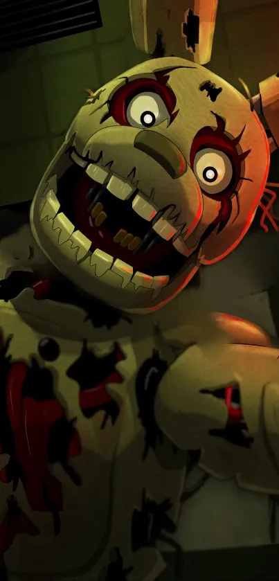 Creepy animatronic character in dark wallpaper design.