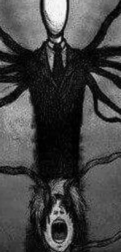 Creepy monochrome wallpaper with eerie faceless figure and dark tentacles.