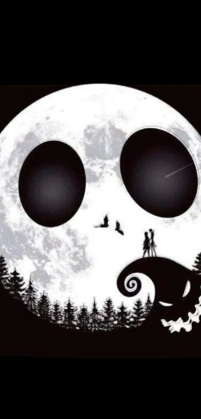 Graphic moon and forest design with spooky details on mobile wallpaper.