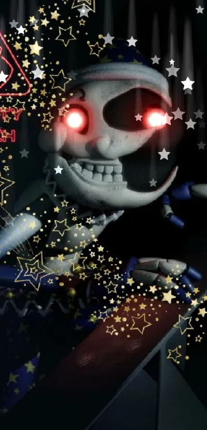 Creepy character with glowing eyes and starry details on dark background.