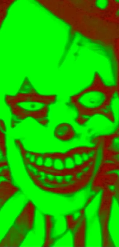 Creepy neon green clown wallpaper with eerie smile.