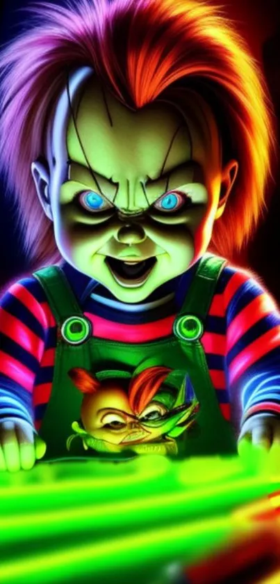 Creepy doll with neon colors and eerie expression in a digital artwork.