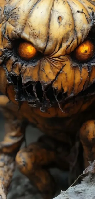 Creepy pumpkin monster with glowing eyes.