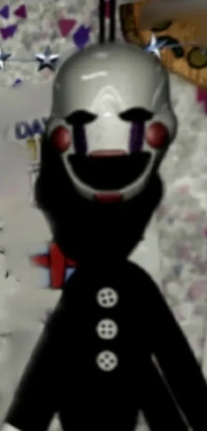 Puppet with a white mask and red cheeks on a spooky background.