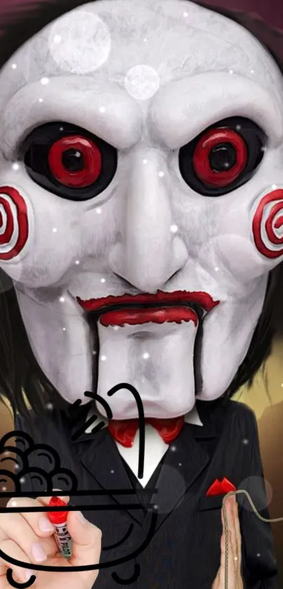 Creepy puppet mask with red eyes on mobile wallpaper.