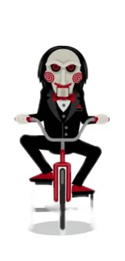 Creepy puppet riding a red tricycle on white background.