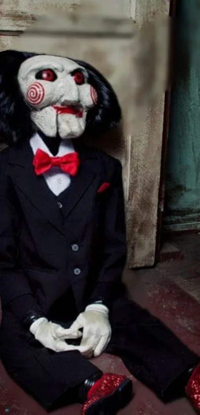 Creepy puppet in black suit with red accents sitting on the floor.