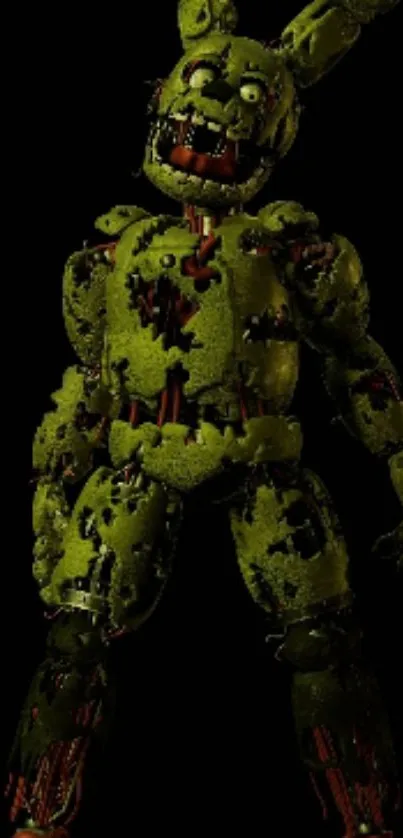 Creepy green robot character on dark background.