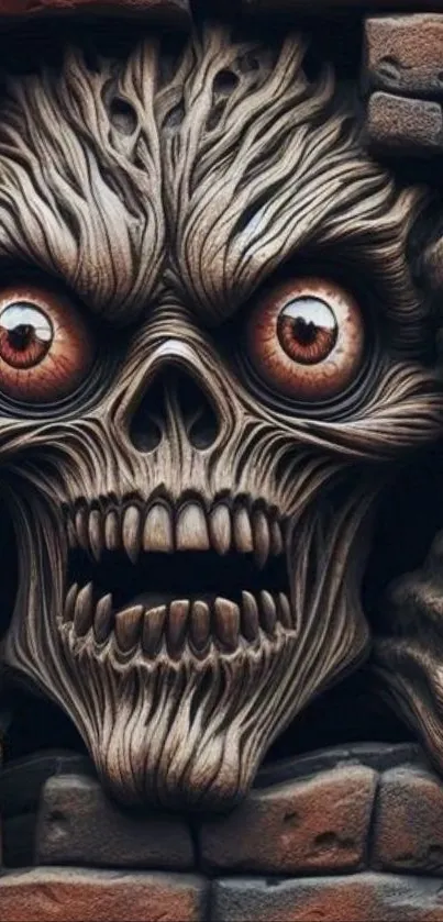 Creepy skull breaking through wall artwork.