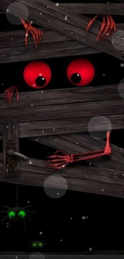 Creepy wooden door with red eyes and green spiders.