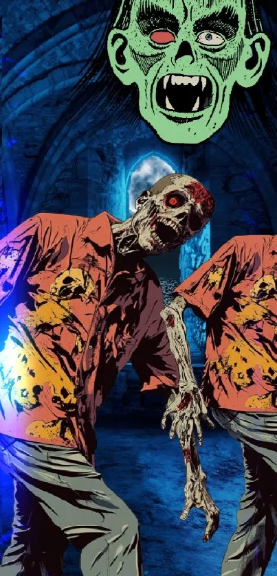 Zombie artwork wallpaper with vibrant colors and eerie figures.