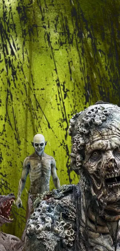 Zombie wallpaper with eerie green background and terrifying creatures.