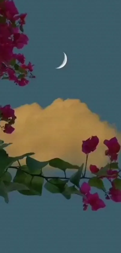 Crescent moon with flowers and cloud against a teal sky.