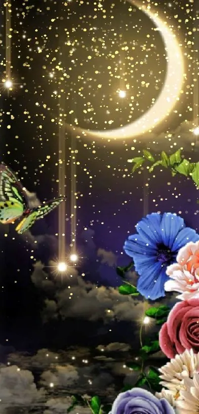 Mobile wallpaper with crescent moon, stars, and vibrant flowers.