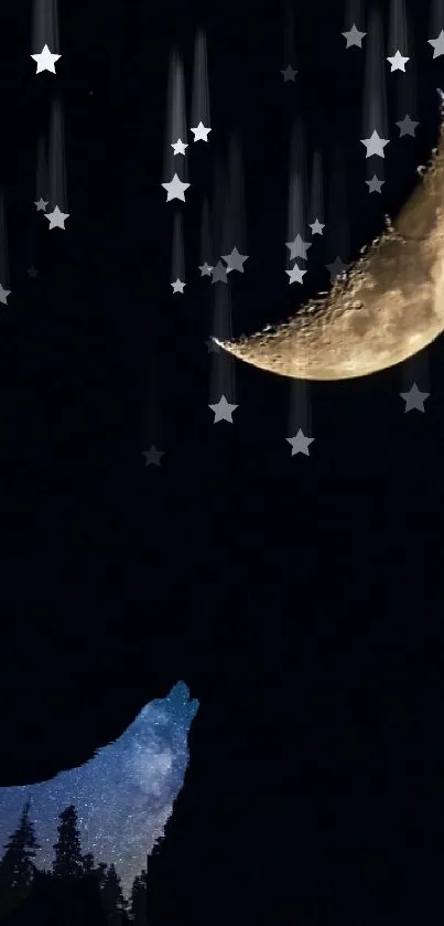 Silhouette of a wolf under a crescent moon in a night sky background.