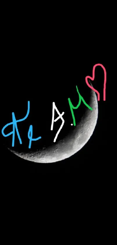 Crescent moon with colorful artistic letters on a black background.