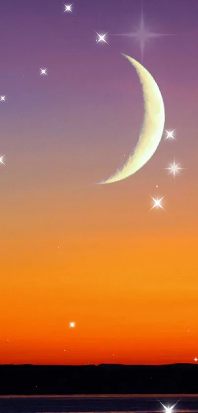 Crescent moon with stars against a vibrant sunset sky.