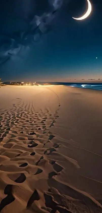 Crescent moon illuminating a tranquil sandy beach under a starry night sky.