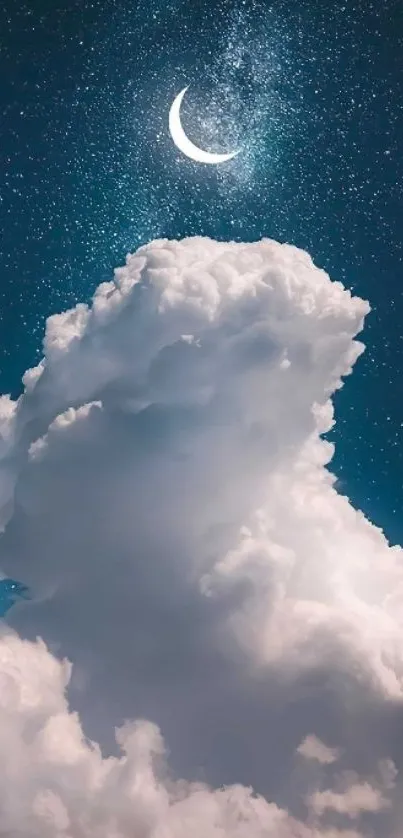 Crescent moon over clouds with starry sky.