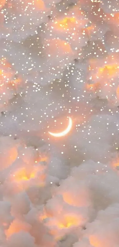 Crescent moon amidst dreamy peach clouds in a serene sky wallpaper.