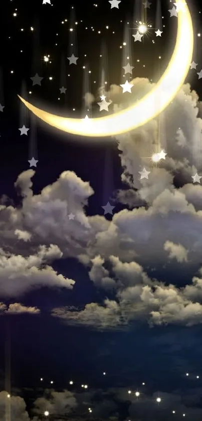 Crescent moon with stars and clouds at night.