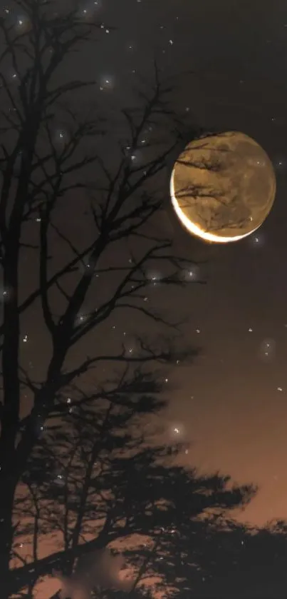 Crescent moon and trees against a dark sky wallpaper.
