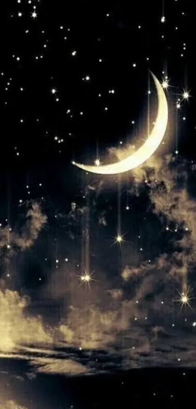 Crescent moon and starry sky with glowing clouds wallpaper.