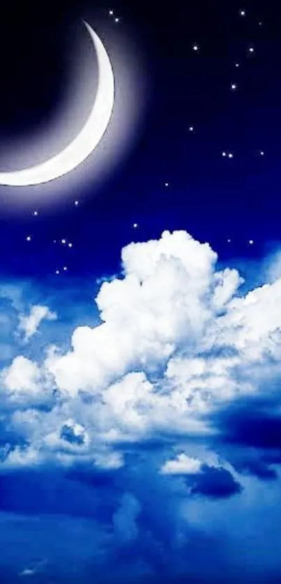 Crescent moon with clouds in a starry night sky wallpaper.