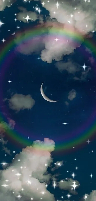 Crescent moon and rainbow in starry night sky with clouds.