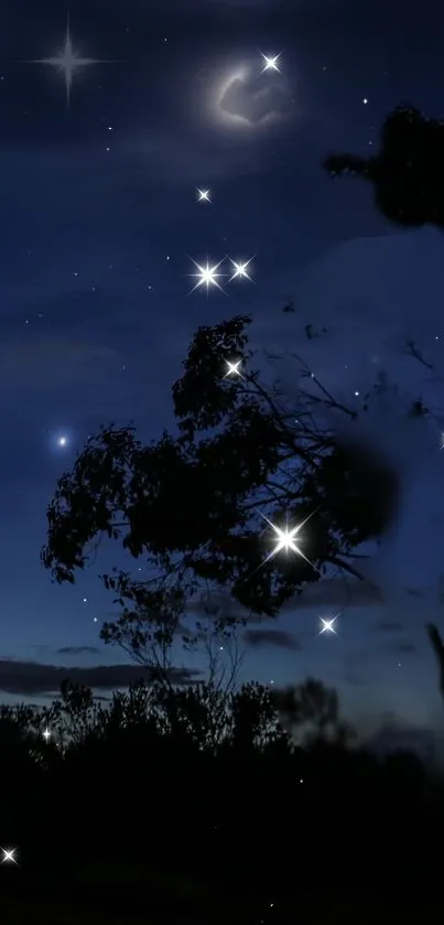 Crescent moon and tree silhouette at night with stars in dark blue sky.