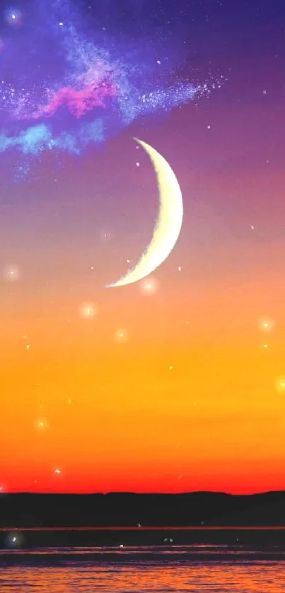 Crescent moon in colorful sunset sky for mobile wallpaper.