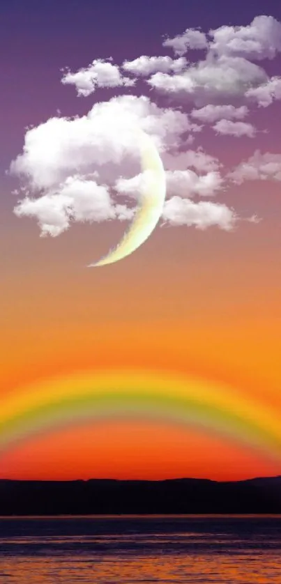 Crescent moon over sunset with rainbow on calm ocean horizon.