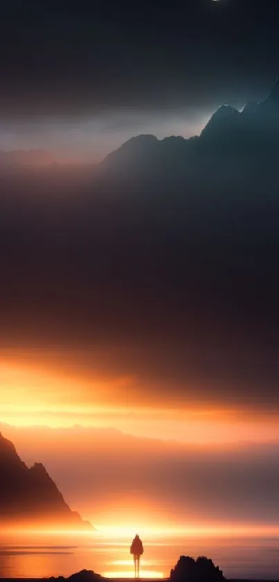 Crescent moon over mountains at sunset with a serene silhouette view.