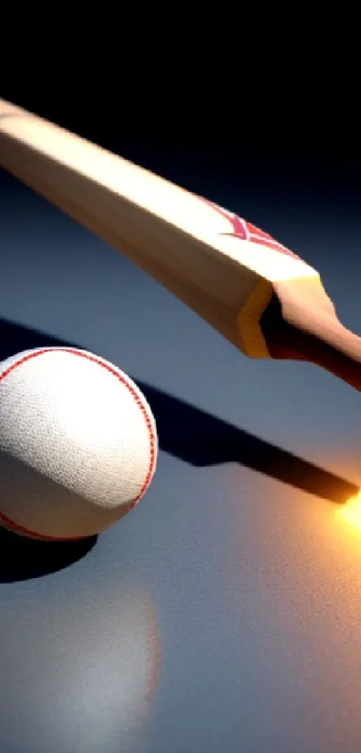 Fiery cricket bat and ball with dark background.