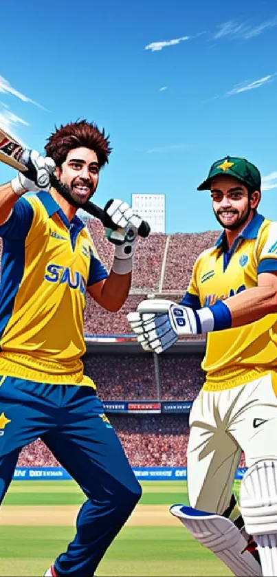 Two cricket players celebrating on the field in vibrant colors.