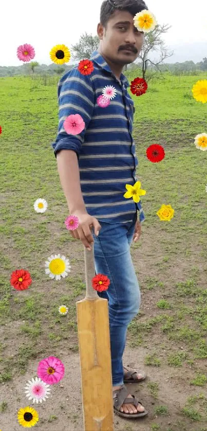 Cricket enthusiast holding bat in green field.