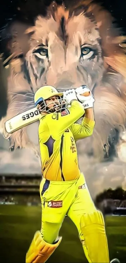 Cricketer in yellow with lion backdrop on mobile wallpaper.