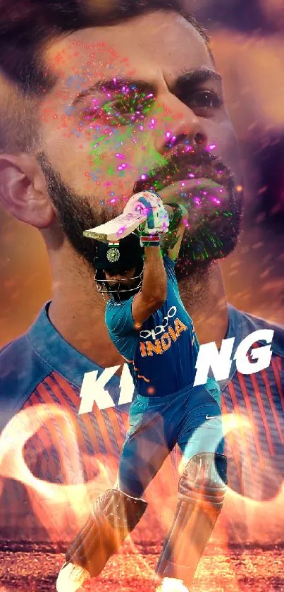 Dynamic cricket player wallpaper with vibrant colors.