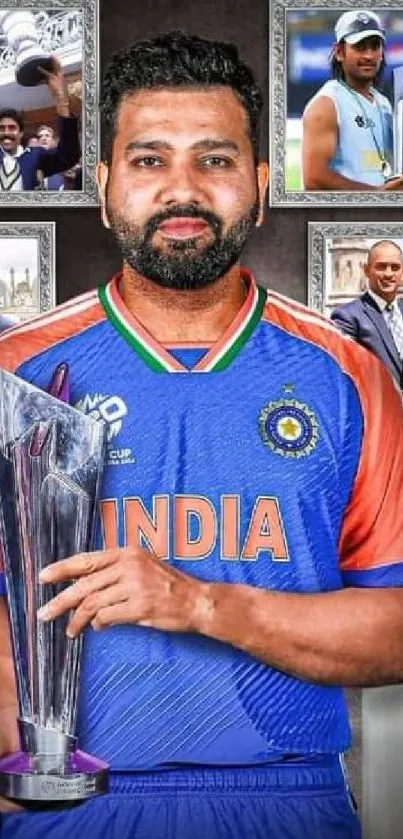 Cricket player in blue jersey holding a trophy with historical photo frames.