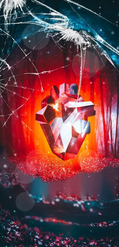 Crimson geometric heart in a mystical forest with vibrant colors.