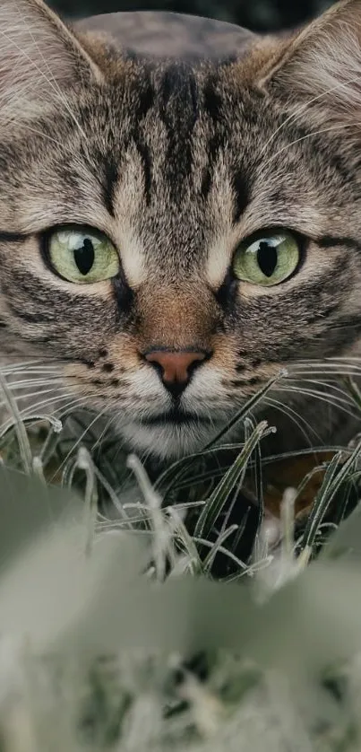 Green-eyed tabby cat lying in grass, captivating wallpaper.