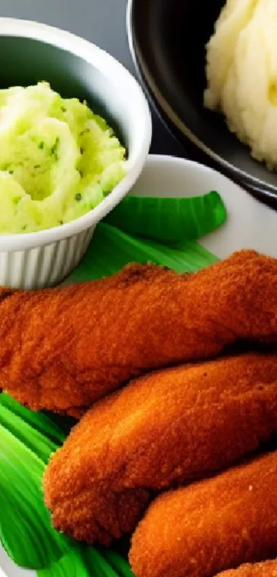 Crispy chicken fillets with mashed potatoes and greens.