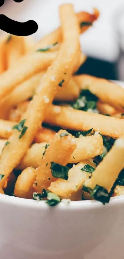 A vibrant image of crispy, golden French fries in a bowl, topped with herbs.